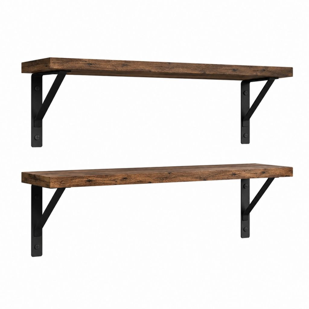 Lot de 2 étagères murales rectangulaires en bois massif brun foncé avec supports en acier noir 110 x 20 x 18 cm