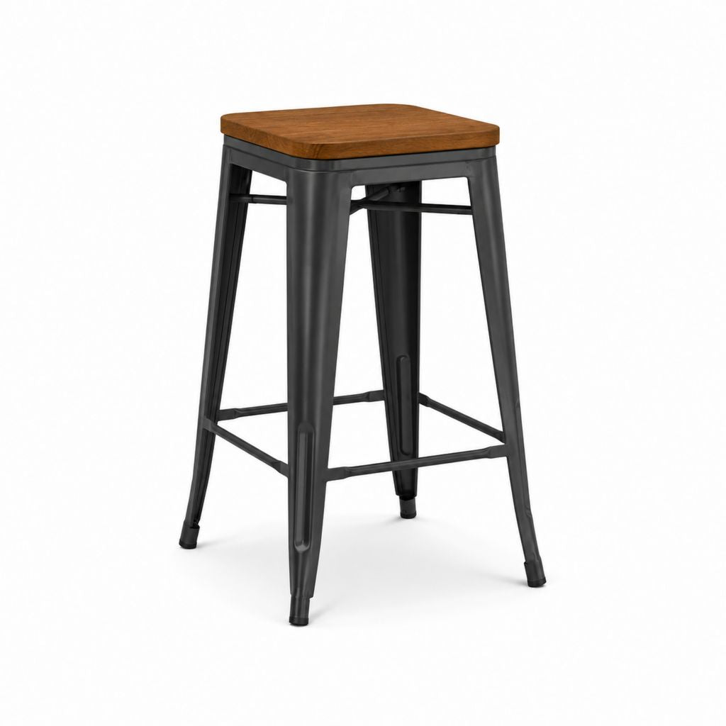 Tabouret de bar carré noir et brun en acier et bois massif 43 x 43 x 76 cm