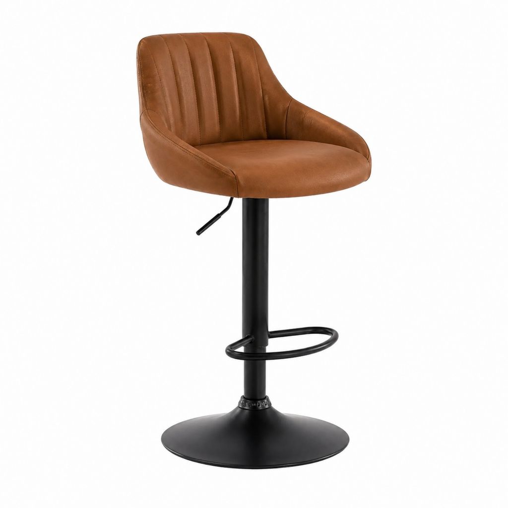 Tabouret de bar réglable pivotant marron en cuir synthétique PU avec piètement acier noir 50 x 52 x 92-113 cm