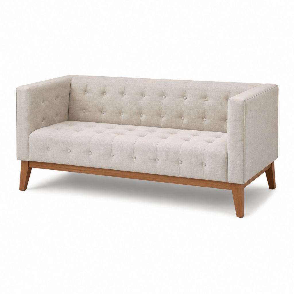 Canapé 2 places beige en polyester capitonné avec pieds en hévéa massif 140 x 78 x 82 cm