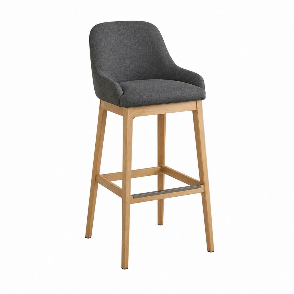 Tabouret de bar avec accoudoirs gris en polyester et chêne massif 53 x 56 x 105 cm