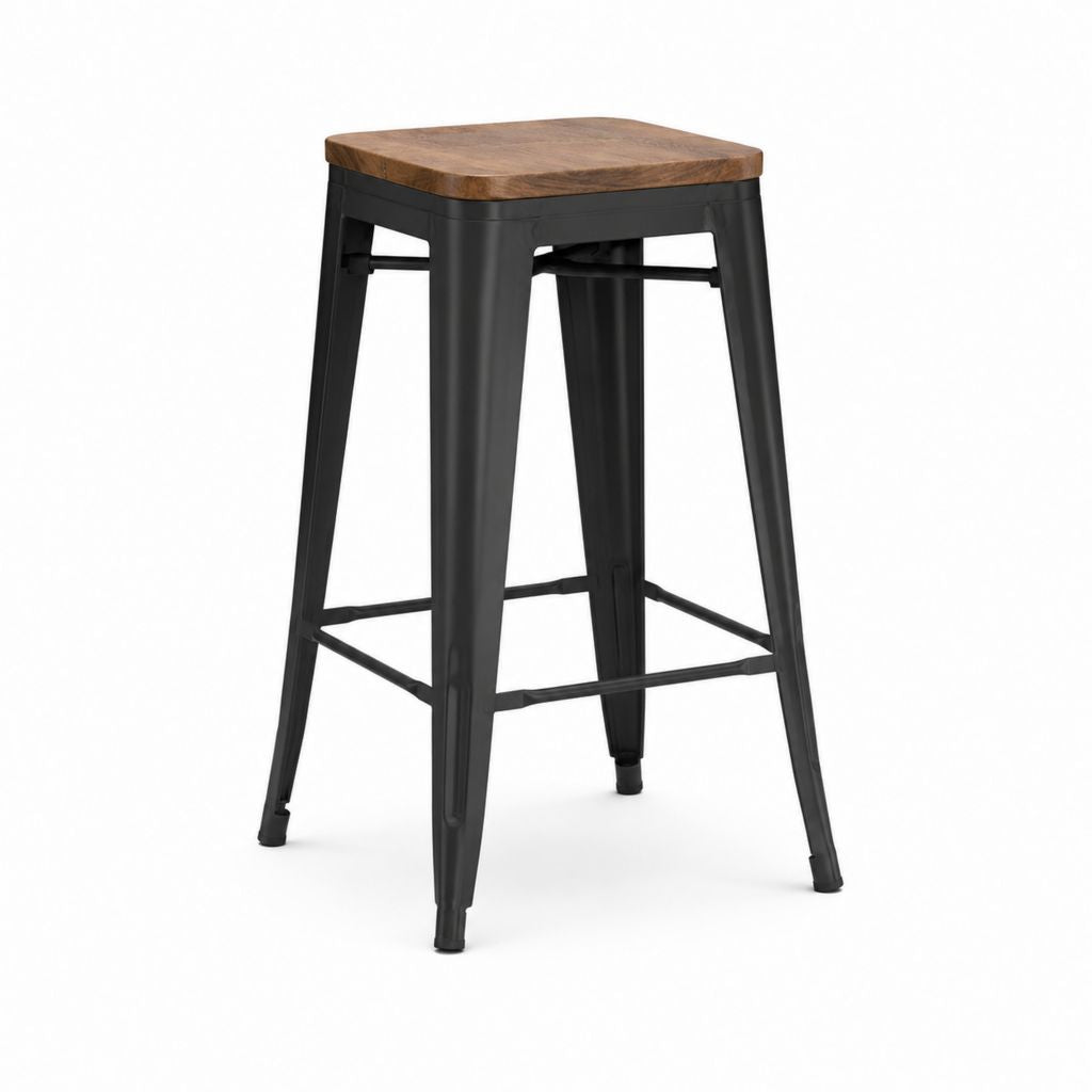 Tabouret de bar industriel noir et marron en acier et bois massif 43 x 43 x 76 cm