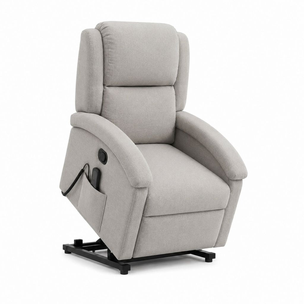 Fauteuil releveur électrique inclinable gris clair en polyester à dossier haut 90 x 92 x 105 cm